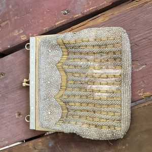 Vintage Delill Beaded White Gold Handbag Clutch Purse